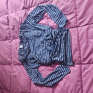Blue & Gray Striped Long Sleeve Avon Wrap Top w Attached Infinity Scarf size S/M